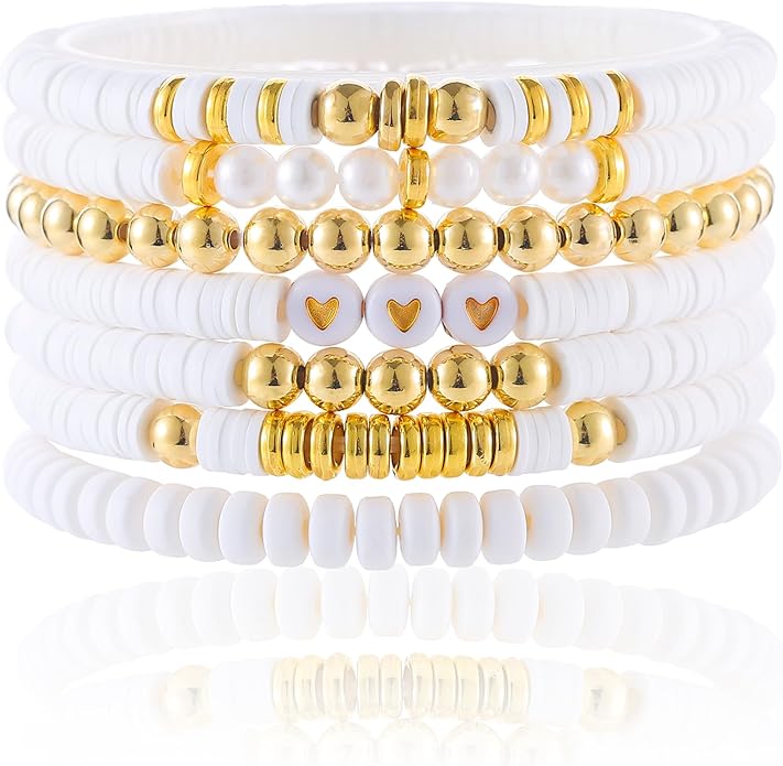 Friendship Bracelets Trendy Heishi Clay Bead Bracelets Stack Gold Beaded Stretch Bracelets for Women Boho Stackable Bracelets Bulk Cute Preppy Jewelry