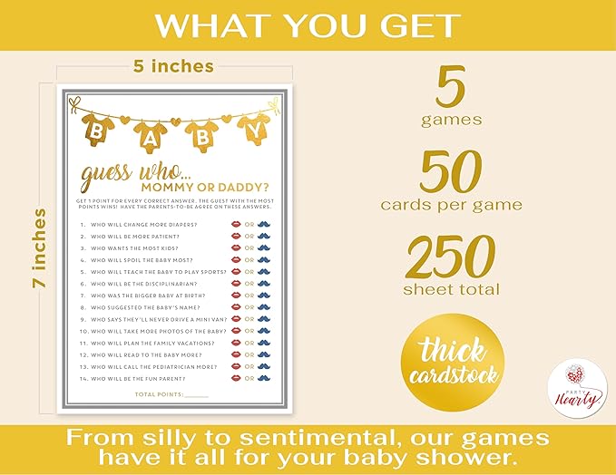 Party Hearty Baby Shower Games for Girl or Boy, 250 pcs 5 Games Activities Cards, Funny Baby Shower Games, Gender Neutral, Baby Shower Ideas