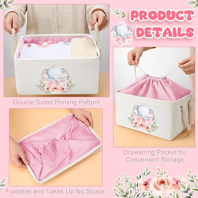 Pickmesh Baby Shower Storage Basket with Gift Bags Rectangular Ribbons Collapsible Canvas Storage Bin with Handles for Diaper Organizing Toy Home DIY Gift Basket, 13 x 9. 1 x 7. 1 Inch(Pink Elephant)