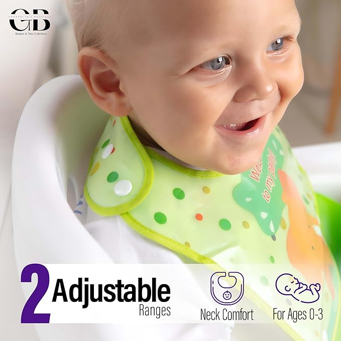 Baby & Toddler Essentials: 3 Gender Neutral Bibs with Temperature Sensitive Spoon and Fork - Washable, Removable/Detachable Food & Drool Catcher, Adjustable Snaps - Cartoon & Animal Graphics.