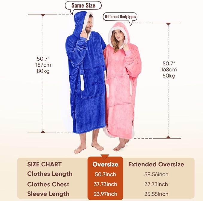 yescool Wearable Blanket Hoodie - birthday gifts for Adults/Women/mom, Flannel Cozy Sherpa Fleece Blanket Sweatshirt with Hood, Pocket & Sleeves, Large, One Size Fits All (Klein Blue)