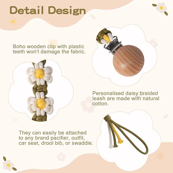 Pacifier Clip for Boys Girls Floral Daisy Macrame Paci Clip Pacifier Holder Leash Boho Wooden Clips Handmade Braided Cotton Unisex Baby Shower Birthday Gift