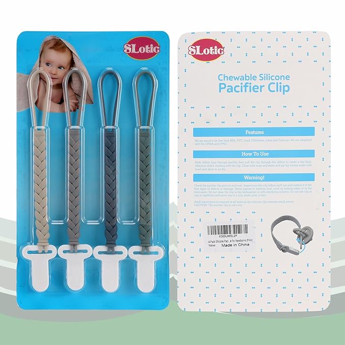 4-Pack Silicone Pacifier Clips with a Woven Rope Shape for Baby Boys and Girls - Flexible and Rust-Free Holders for Teething Relief and Baby Essentials, Safe for Newborns (Grey)