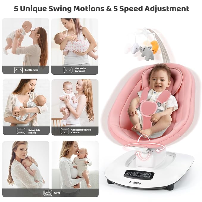 Ezebaby Baby Swing for Infants and Newborns with 5 Unique Motions, Adjustable Speed and Positions, Lullabies, Infant Swing with 5-Point Harness, Baby Swing for Newborn Babies 0-9 Months Pink