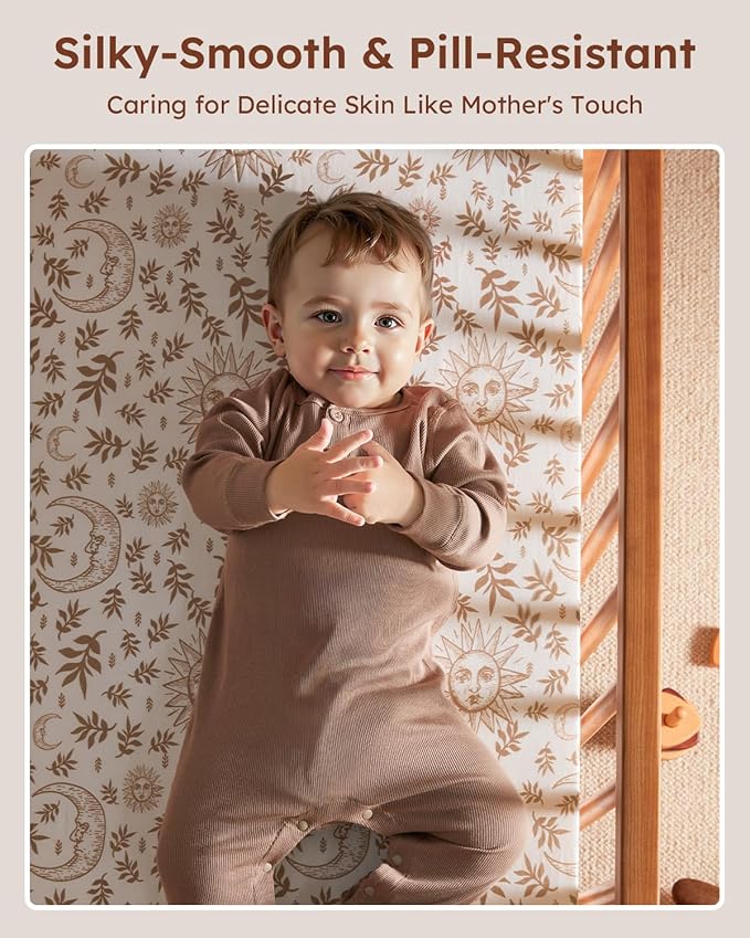 Baby Crib Sheets for Boys Girls, Fitted Crib Sheet Neutral 3 Pack for Standard Crib and Toddler Mattress, Breathable Soft Microfiber Baby Sheet 28x52x8in White Brown Sun God
