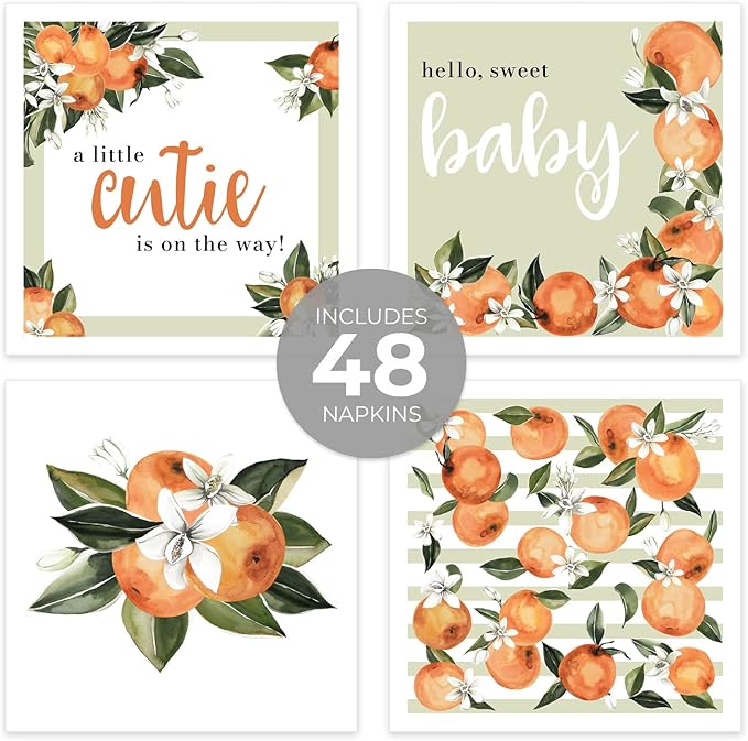 Little Cutie Baby Shower Beverage Napkins / 48 Citrus Cocktail Napkins / 4 Adorable Orange Clementine Designs / 4 3/4" x 4 3/4" Party 3 Ply Napkin Set/Made In The USA