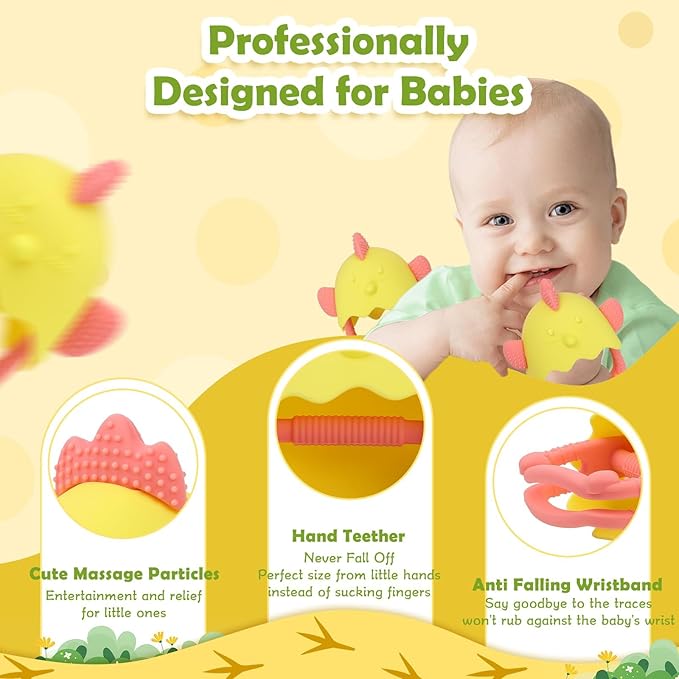Anboor Baby Teething Toys, Silicone Teethers for Babies 4+Months Anti Dropping Hand Teether, Infant Baby Chew Toys for Teething Relief, Ideal Present for Newborn Soon-to-be Mothers (Yellow, Chicken)