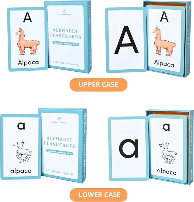 Preschool Alphabet Flashcards | Ages 2-5 | Upper & Lower Case ABCs | Adorable Animals | Prek & Kindergarten Curriculum | Brainstrong Premium 52 Flashcards