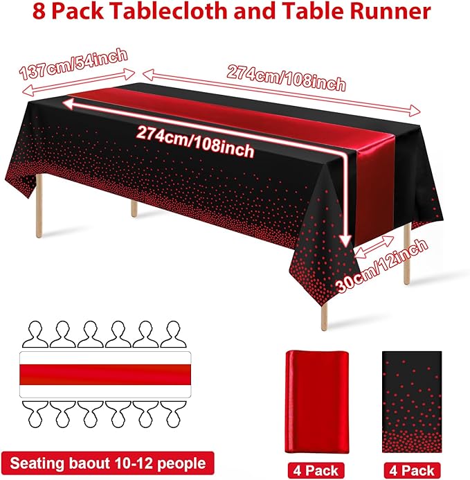 8Pack Disposable Plastic Party Tablecloths and Satin Table Runner Set Black and Red Dot Table Cloth Red Satin Table Runner for Wedding Birthday Baby Shower Anniversary Holiday Party Decorations