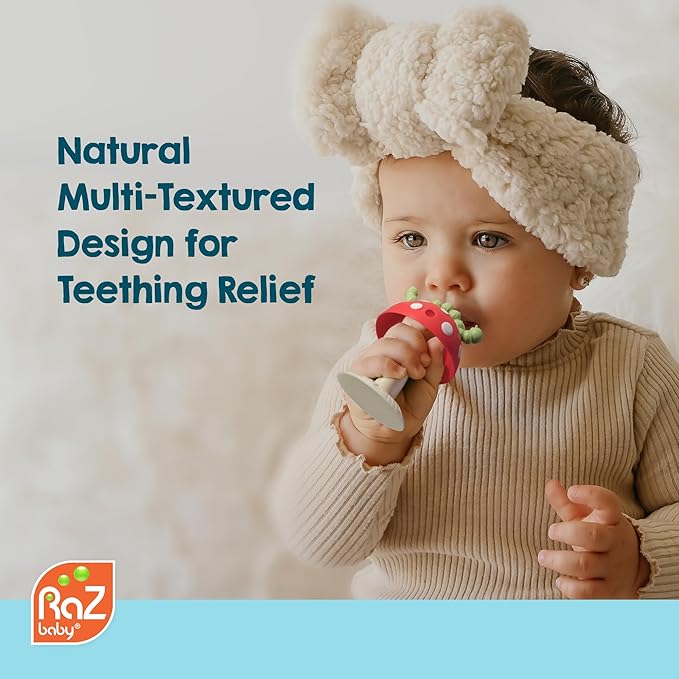 RaZbaby Chompy Grip Teether for Infant & Baby 3M+ Silicone Teething Toy with Suction Base and Multi-Texture Design for Teething Relief - Soothes Sore Gums & Easy-to-Hold Teether, BPA Free - Red/Green