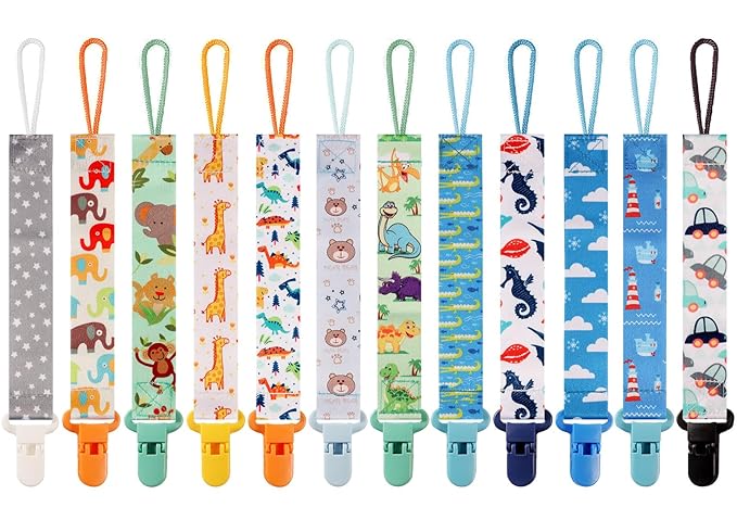 12 Pack Pacifier Clips with Strap 25.5cm - Premium Polyester Baby Pacifier Holder Set, Multi-Design Clips for Boys Girls (Multi Color C)