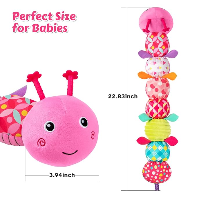 Baby Toys Musical Caterpillar, Infant Stuffed Animal for 0-6 6-12 Months with Crinkle and Rattles, Tummy Time Sensory Toys Newborn Boys Girls Gifts 0 3 6 9 12 Months - Pink