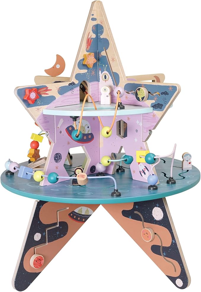 Manhattan Toy Double-Decker Celestial Star Explorer Wooden Activity Center with Shape Gliders, Spinners, Bead Runs and Alluring Artwork