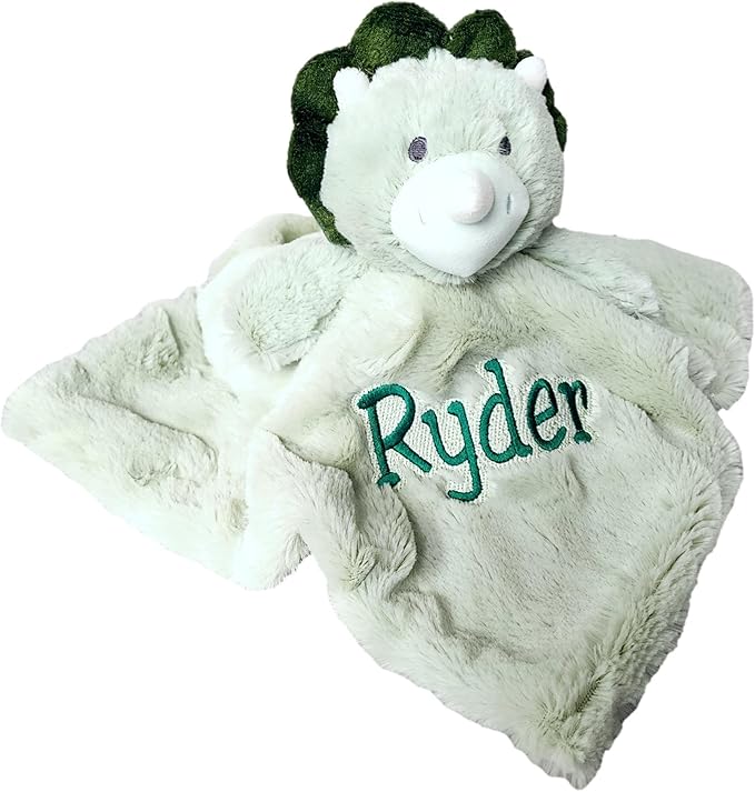 SONA G DESIGNS Custom Personalized Dinosaur Lovey Lovie Security Blanket with Rattle (Green Dino with Embroidered Name)