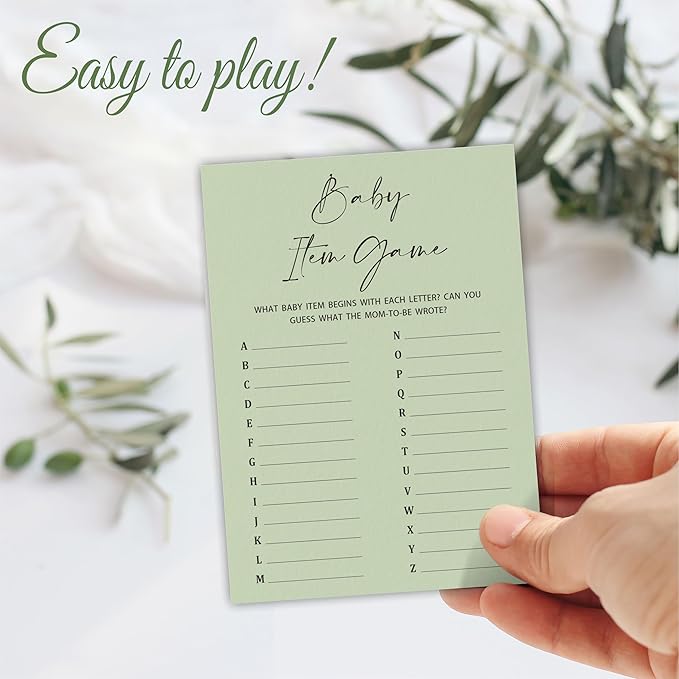 30 Pcs Minimalist Green Baby Shower Game Cards, Baby Shower Games, Gender Reveal Party Supplies - A03