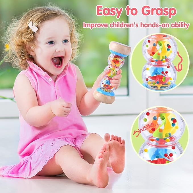 PLAY Rainmaker - 7 inch Wooden Rainbow Rain Stick Montessori Toys for Babies 6-12 Months, Baby Rattle Shaker Sensory Developmental Toy, Raindrops Musical Instrument