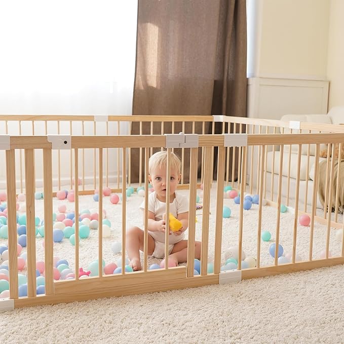 GGF Wooden Baby Playpen -63 * 47 * 24 in, Large Wood Gate Playpen for Babies and Toddlers, Baby Fence Play Yard with Door for Kids Activity Center