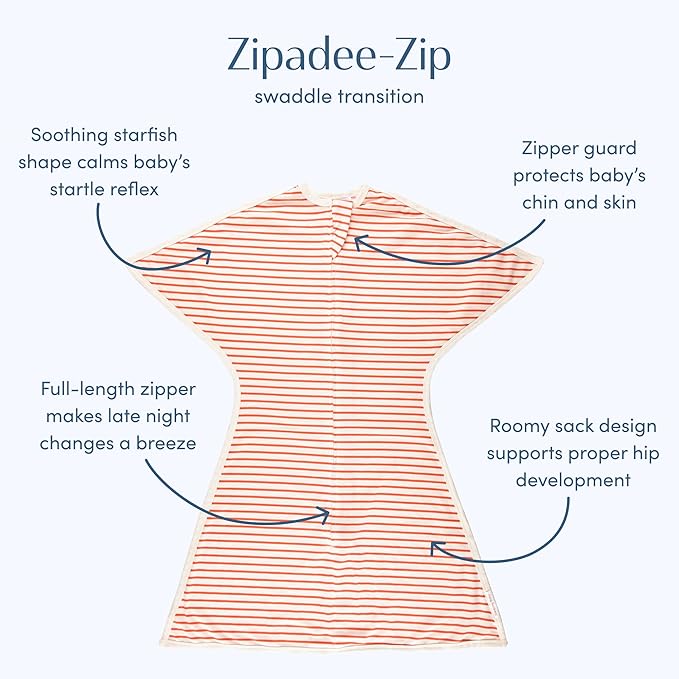SleepingBaby Zipadee-Zip Transition Swaddle - Cozy Baby Swaddle Blanket with Zipper Convenience - Roomy Wearable Blanket for Easy Diaper Changes - Stripes Strawberry/Cream, Small (4-8 Month)