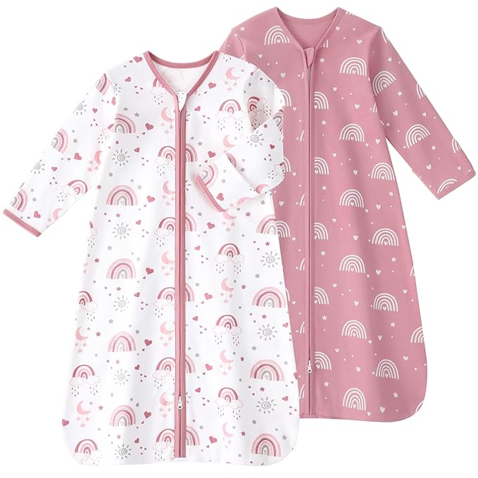 Baby Sleep Sack 12-18 Months, Long Sleeve Baby Wearable Blanket 0.5 Tog with Mittens, 2-Way Zipper Toddler Cotton Sleeping Sack for Boy and Girl Pink Rainbow 2 Pack(Large)