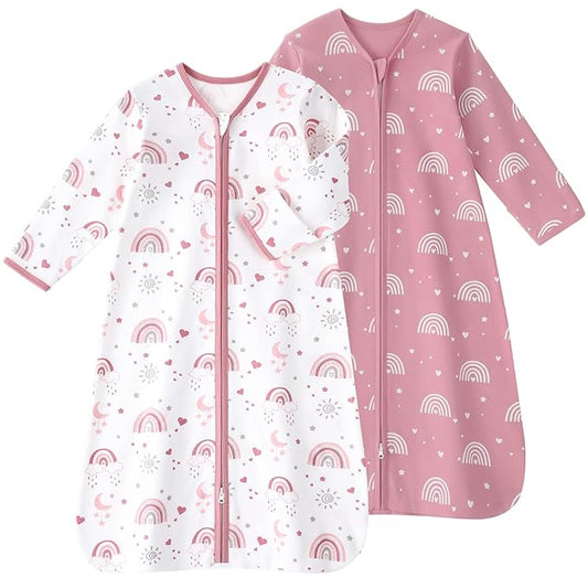 Baby Sleep Sack 12-18 Months, Long Sleeve Baby Wearable Blanket 0.5 Tog with Mittens, 2-Way Zipper Toddler Cotton Sleeping Sack for Boy and Girl Pink Rainbow 2 Pack(Large)