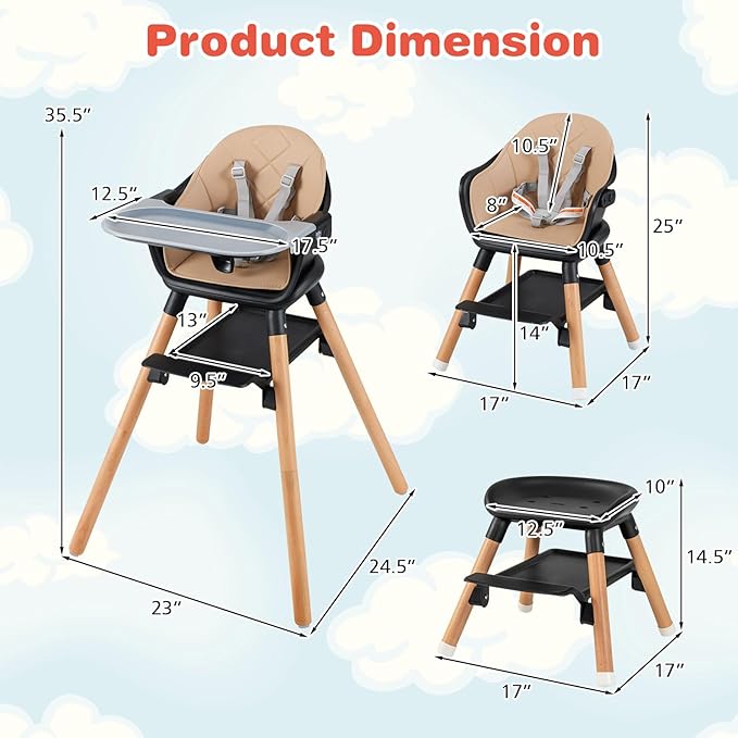 HONEY JOY Baby High Chair, 6 in 1 Convertible Wooden Highchair for Babies and Toddlers/Chair/Bar Stool, Removable Double Tray & Reversible Footrest, Safety Harness for Infant Boys Girls (Coffee)