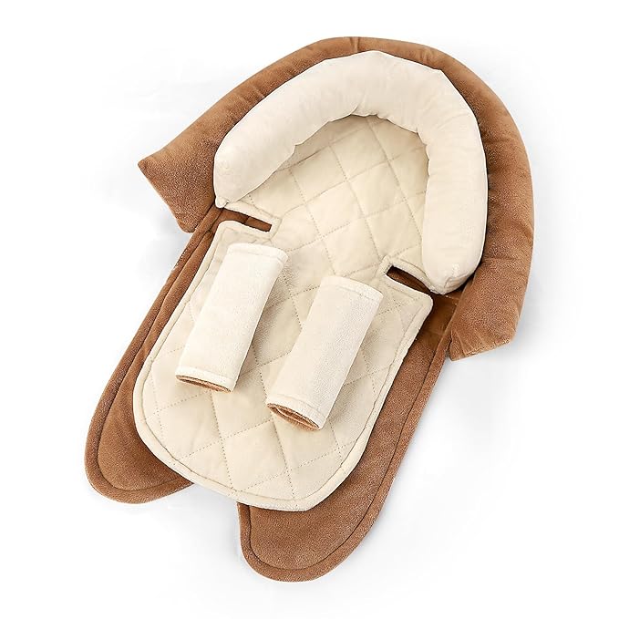 Baby Car Seat Head Body Support & Strap Covers, 2 in 1 Infant Car Seat Insert, Reversible Soft Breathable Newborn Cushion Pads for Preemie, Perfect for Baby Carseats, Strollers, Swings (Brown)