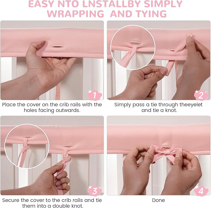 Pink 3pcs New Teething Edge Crib Rail Cover&Corner Guard Coverage Straps,Reversible Guardrail Cover Protector for Boys Girls(1 Long 2 Short)