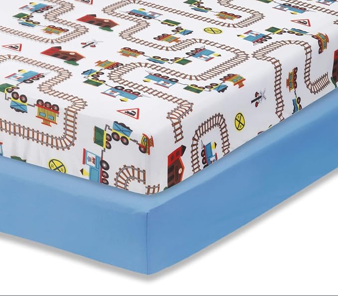 Everyday Kids 2 Pack Fitted Boys Crib Sheet, 100% Soft Breathable Sheet, Fits Standard Size Crib Mattress 28in x 52in, Nursery Sheet - Train/Light Blue