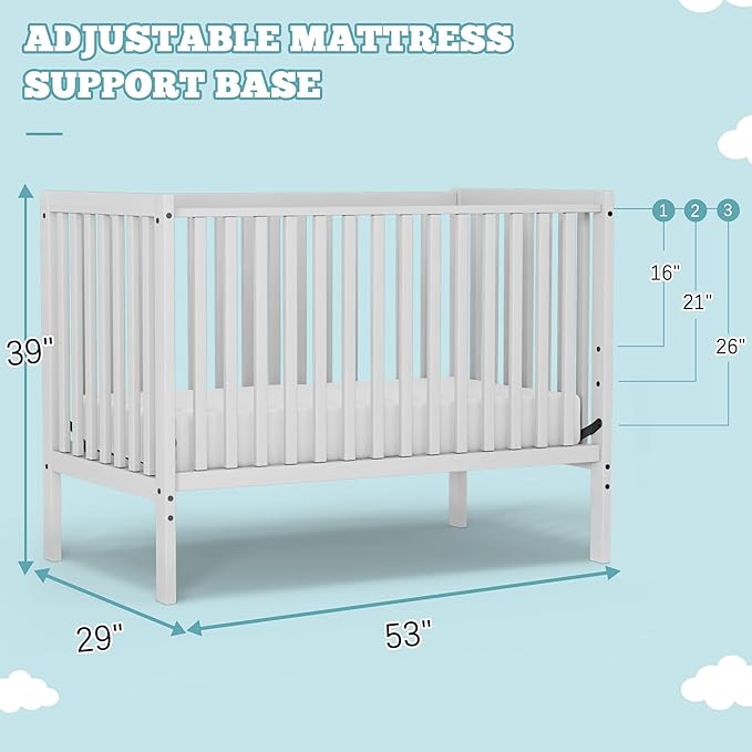 Baby Crib 5-in-1 Convertible, Wood Full Size Toddler Bed for Small Baby, Made of Sustainable Natural Pinewood Cribs, Non-Toxic Finish, Simplistic Nursery Furniture (White)