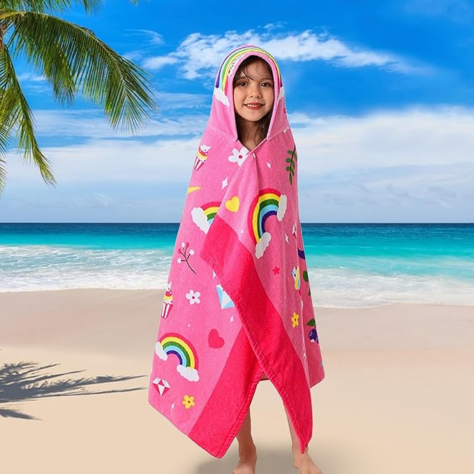 VOOVA & MOVAS Hooded Towels for Kids 3-10 Years, 30''X50, Soft Thick Cotton | Absorbent Beach, Bath, Pool Swim Towels | Cover up for Girls | Pink Floral Unicorn