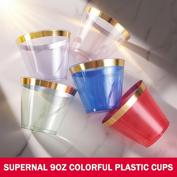 supernal 100 Pcs Red Cups, 9oz Red Plastic Cups with Gold Rim, Plastic Wine Cocktail Glasses Perfect for Party, Wedding and Birthday, Cute Cocktail Party Cup Disposable Wine Glasses
