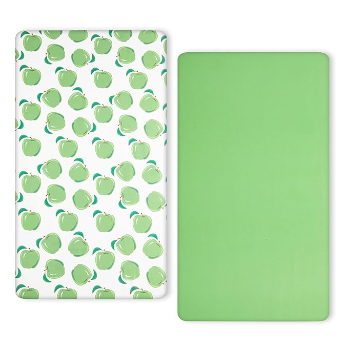 TILLYOU Baby Crib Sheets for Boys Girls, Super Soft Toddler Bed Sheets, 2 Pack Sheets for Standard Crib Mattress 28x52in, Green Apple