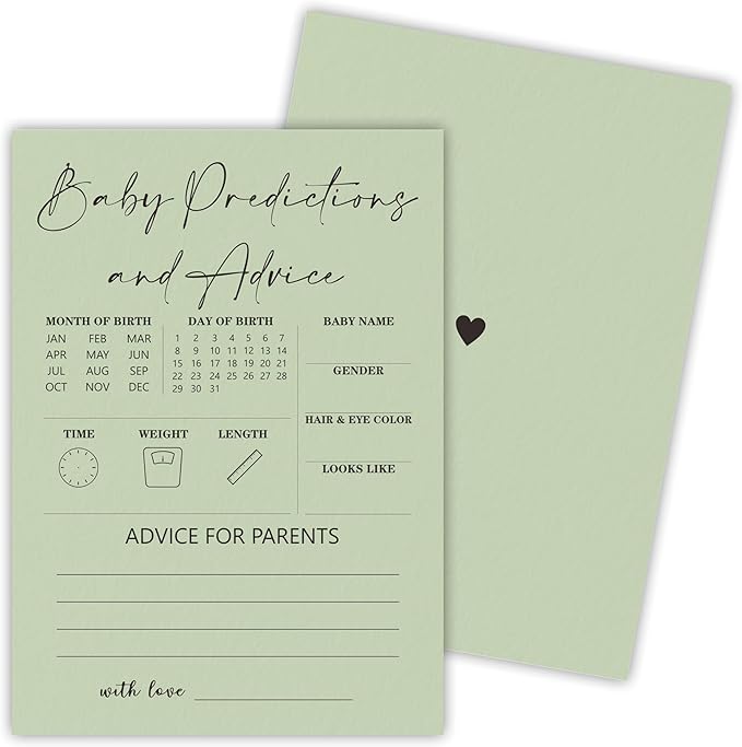 5"x7" Minimalist Green Baby Shower Game Cards, 30 Pcs Baby Predictions And Advice Games Cards, Baby Shower Games For New Parents, Gender Reveal Party Supplies - A02