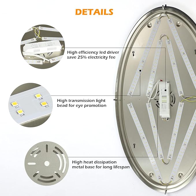 DLLT 32In Oval LED Ceiling Light Fixture, 65W Dimmable LED Flush Mount Ceiling Light with Remote, 3000K/4000K/5000K Adjustable, Brush Nickel Finish for Bedroom/Living Room/Dining Room