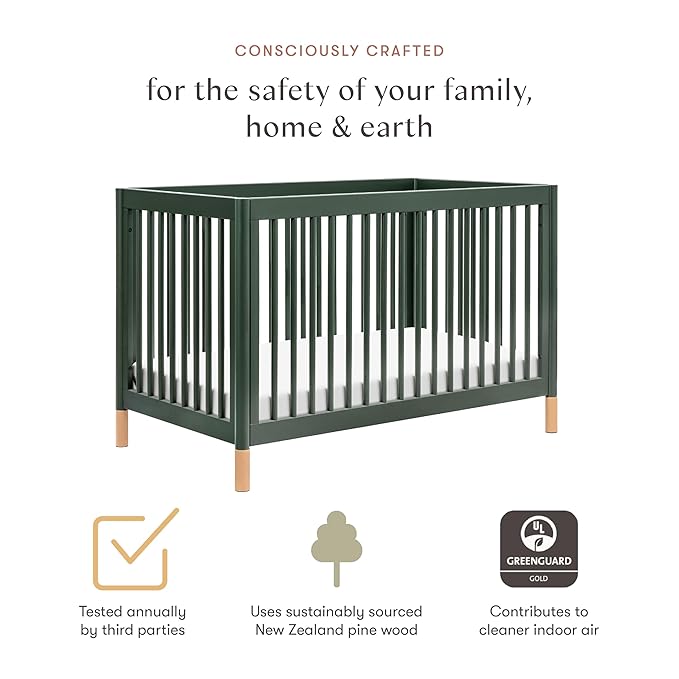 Babyletto Gelato 4-in-1 Convertible Crib with Toddler Bed Conversion in Forest Green with Vegan Blonde Leather Feet, Greenguard Gold Certified