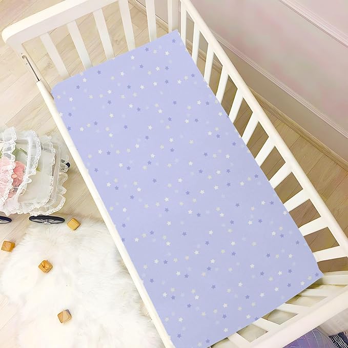 Baby Crib Sheets Cute Purple Star on Blue Sky Crib Sheets for Boys Girls,Neutral Bassinet Toddler Bed Play Sheets Breathable Soft and Portable 52 * 28 * 9in