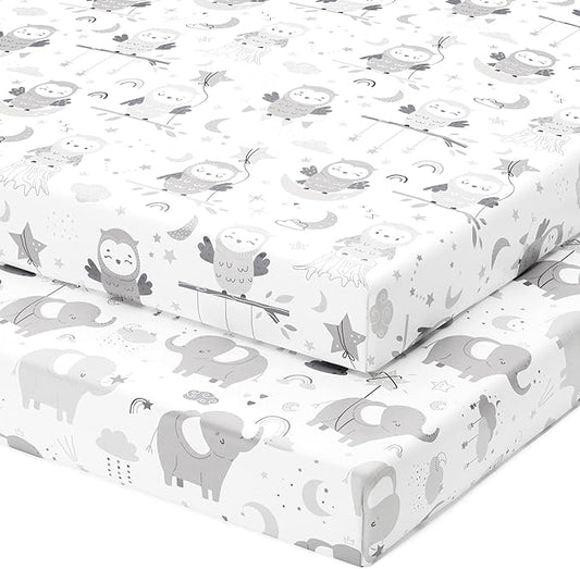Pack and Play Sheets Fitted – Compatible with Graco Pack n Play Playard Crib and Other 27 x 39 Inch Playpen Mattress – Snuggly Soft 100% Jersey Cotton – 2 Pack Play Yard Sheet Set for Boys & Girls