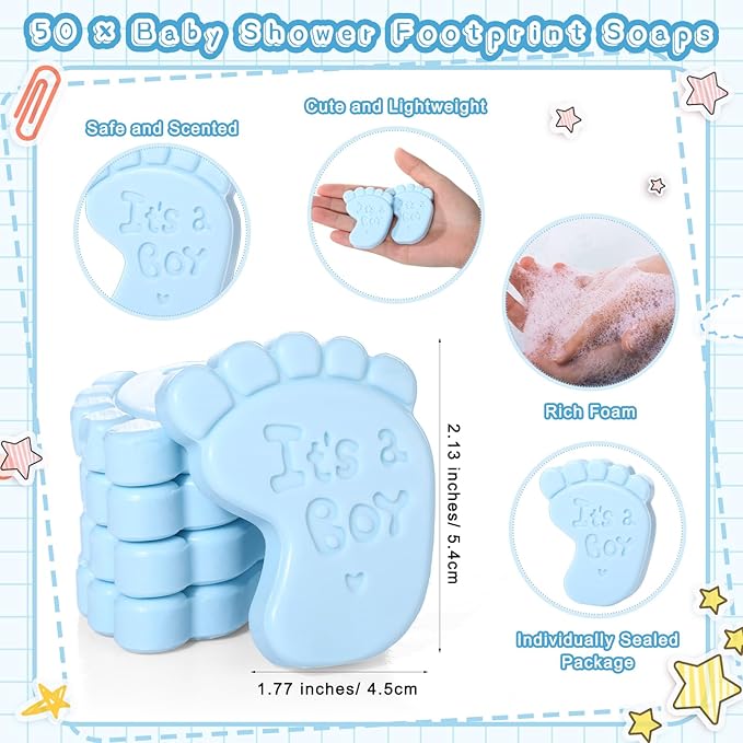 50 Sets Baby Shower Soap Favors for Guests Boy Girl Mini Handmade Scented Soaps with Thank You Tags and Organza Bags for Shower Gender Reveal Party Favors(It's A Boy,Blue Baby Feet)