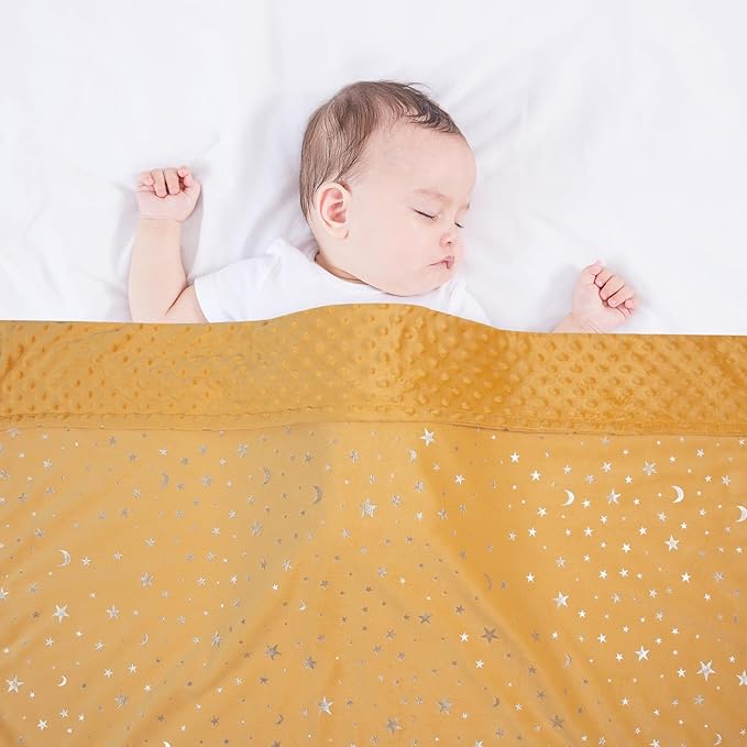 Baby Blanket for Boys Girls Soft Minky with Double Layer Dotted Backing, Star and Moon Printed 30 x 40 Inch Receiving Blanket (Ginger)