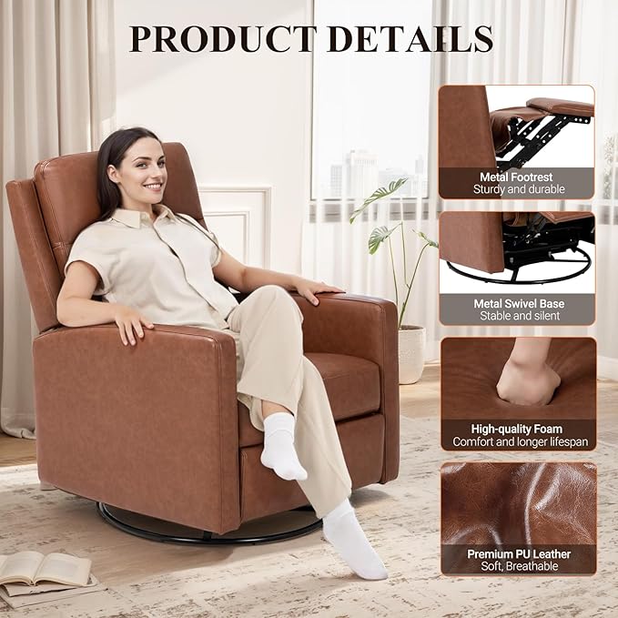 COLAMY Recliner Chair, PU Leather 360° Swivel Rocker Recliner, Nursery Glider Recliner with Ergonomic High Backrest and Upholstered Deep Seat for Living Room, Bedroom, Color Cocoa