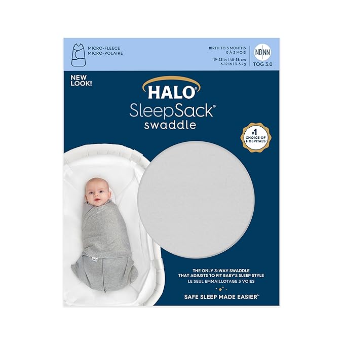 HALO Micro-Fleece Sleepsack Swaddle, 3-Way Adjustable Swaddle Blanket for Newborn and Infants, TOG 3.0 for Cold Climates, Hip Healthy, Grey, Small, 3-6 Months