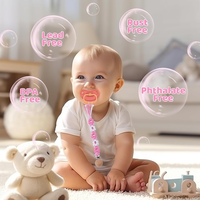 Pacifier Clip for Boys Girls Floral Daisy Macrame Baby Paci Clip Pacifier Holder Leash Boho Wooden Clips Handmade Braided Cotton Binky Clips (1pack:Pink Daisy A)