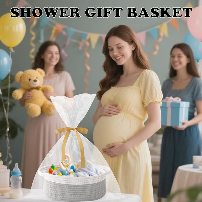 Gift Basket with Gift Bag and Ribbons,Small Rope Woven Shelf Storage,Baskets for Gifts Empty,Birthday,Shower,Decorative Organizer Box for Cat Dog Pet with Handles(Grey)