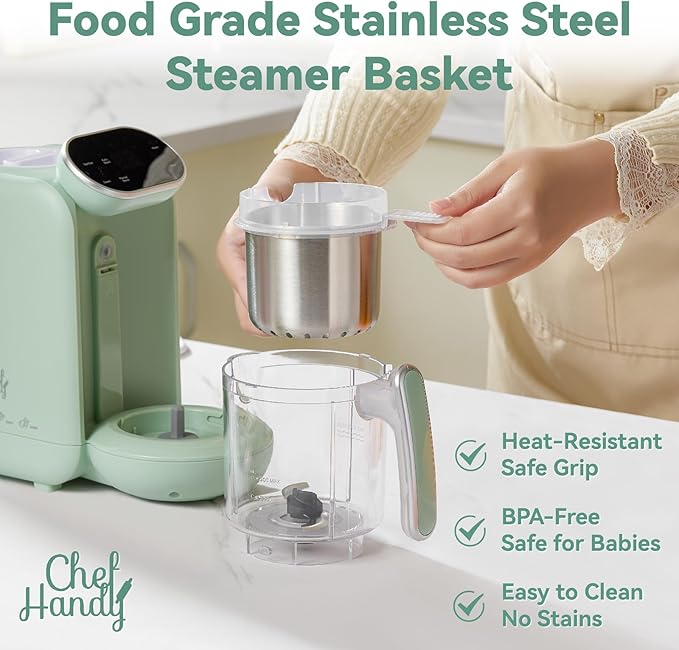 Baby Food Maker, 5 in 1 Baby Food Processor with Steaming Basket, Auto Cooking & Grinding, Touch Screen Control, Baby Steamer and Blender, Baby Food Puree Maker Warmer Mills Machine (Green)