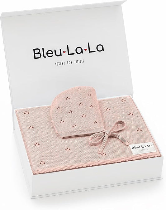 Organic Baby Blanket + Hat Gift Set for Girls- 100% Soft Luxury Cotton Receiving Swaddle Blanket + Bonnett Registry for Newborns & Infants (Ballet Slippers + Hat)