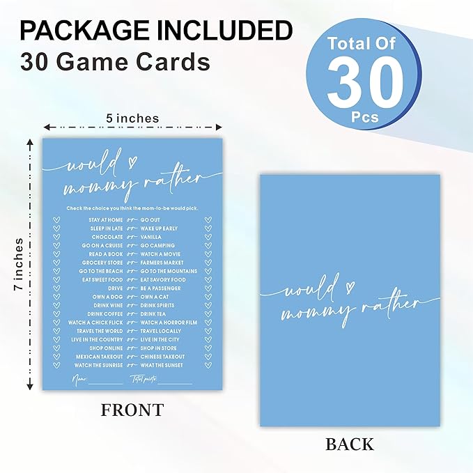 Would Mommy Rather Baby Shower Game Cards - Minimalism Blue - 30 Double-Sided Fill In Style Game Cards For Gender Reveal, Baby Announcement, Party Games & Activity - C06