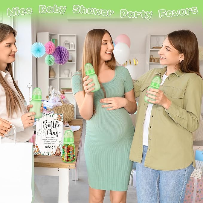 TrelaCo Bottle Chug Baby Shower Game 20 Pcs Baby Bottles Shower Favor with 1 Animal Theme Sign for Gender Reveal Party Supplies Gifts(Transparent Green)