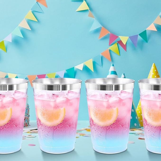 supernal 200pcs Silver Plastic Cups,12oz Clear Plastic Cups Tumblers,Silver Rimmed Cup,Elegant Party Cup,Premium Disposable Cup,Clear Party Cup,Wine Glasses for Party