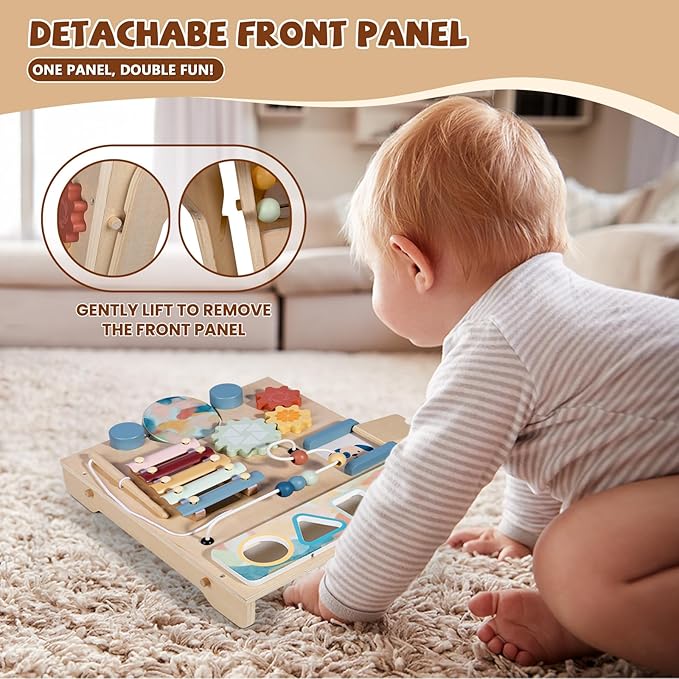 Wooden Baby Walker, Detachable Double-Sided Busy Board, Baby Walking Toys Push Walkers for Babies 6-12 Months