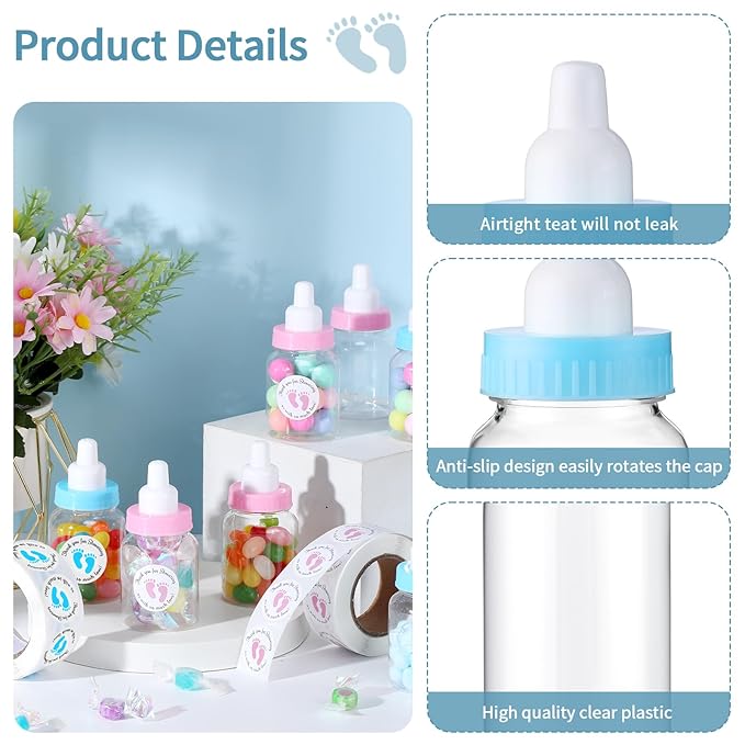 Tondiamo 48 Pcs Blue Pink Baby Shower Mini Bottle Favors 1. 5 x 3. 5 Inch Baby Shower Candy Jar Mini Milk Bottle Party Favor Fillable Gift Boxes for Boys Girls Birthday Party Games Decorations